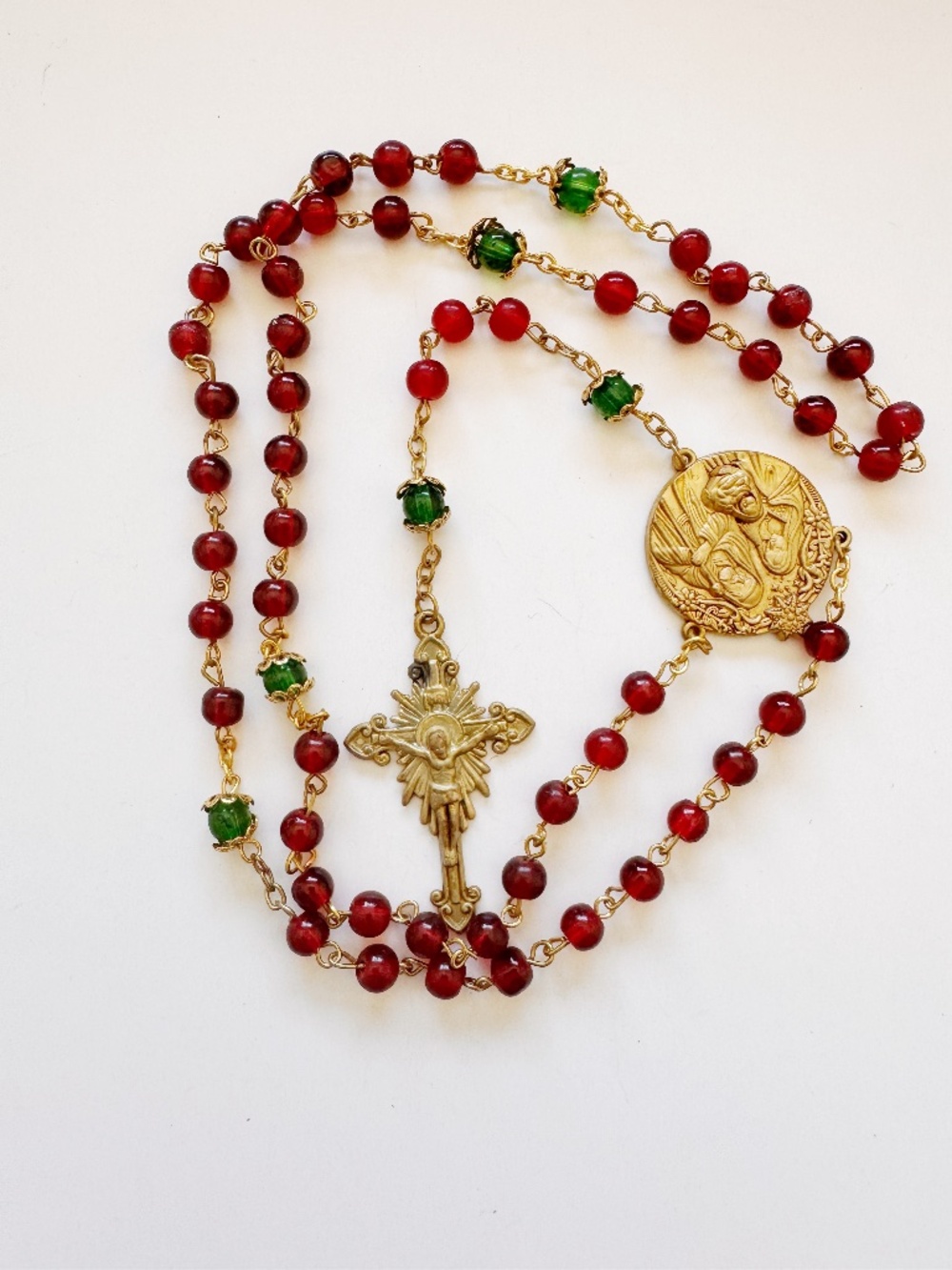 Vintage Style Rosary Necklace Red Beads Cross Pendant Religious Gold Tone